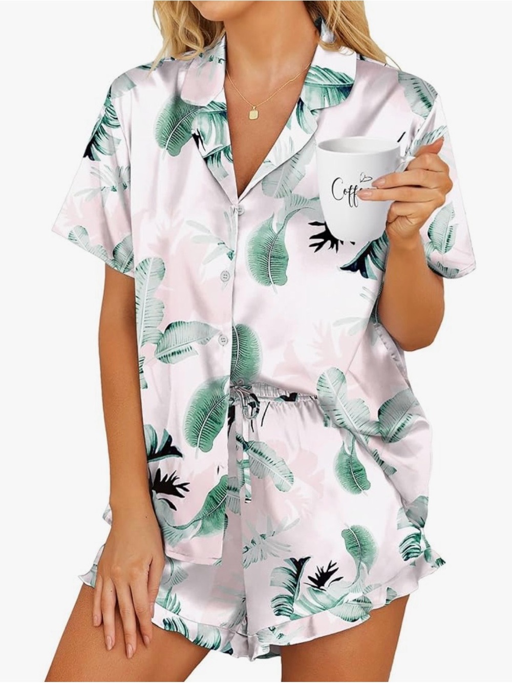 Women's Satin Palm Leaf Short Pajama Set - Pink / Green